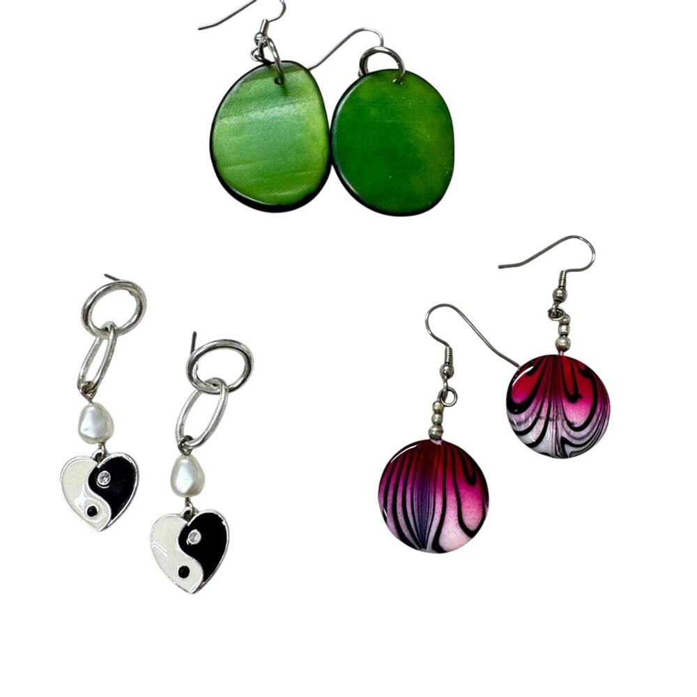 3 Pairs Dangle Earrings Boho Yin Yang Green Pink Pierced Womens Jewelry